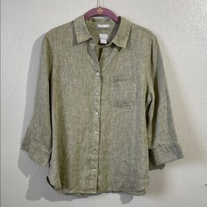 Chicos Linen Button Front Blouse Green 3 4 Sleeve Back Pleat Top Sz 6 Relaxed
